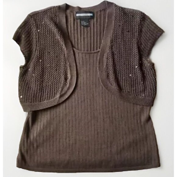 Requirements‎ Brown Sequin Y2K Top Short Sleeve Cardigan Size Medium - Picture 6 of 6
